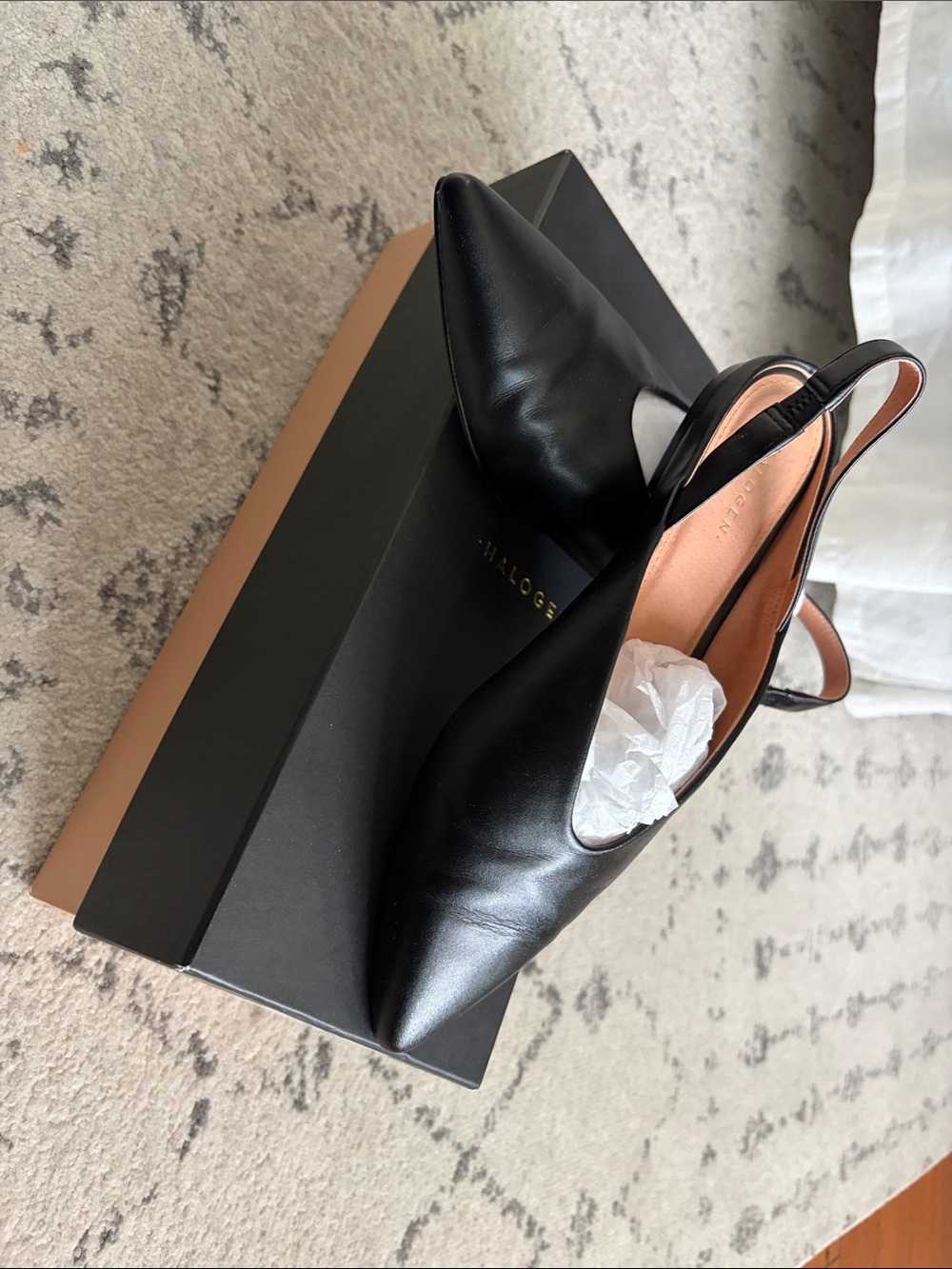 Halogen Black Pointed Leather Slingback Flats with Tan Insole